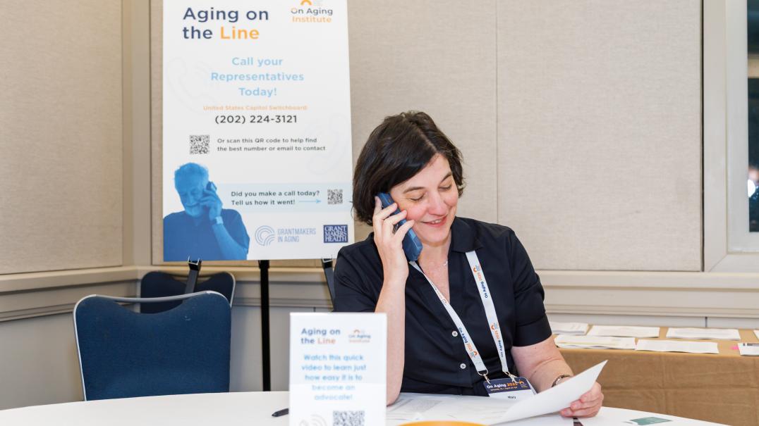 white woman on the phone for aging on the line