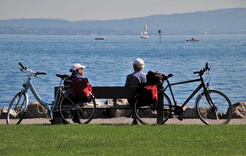 Couple on bench looking at lake