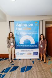 lindsay and emily with aging on the line banner